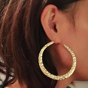 Gold tone hammered finish wide hoop earrings post